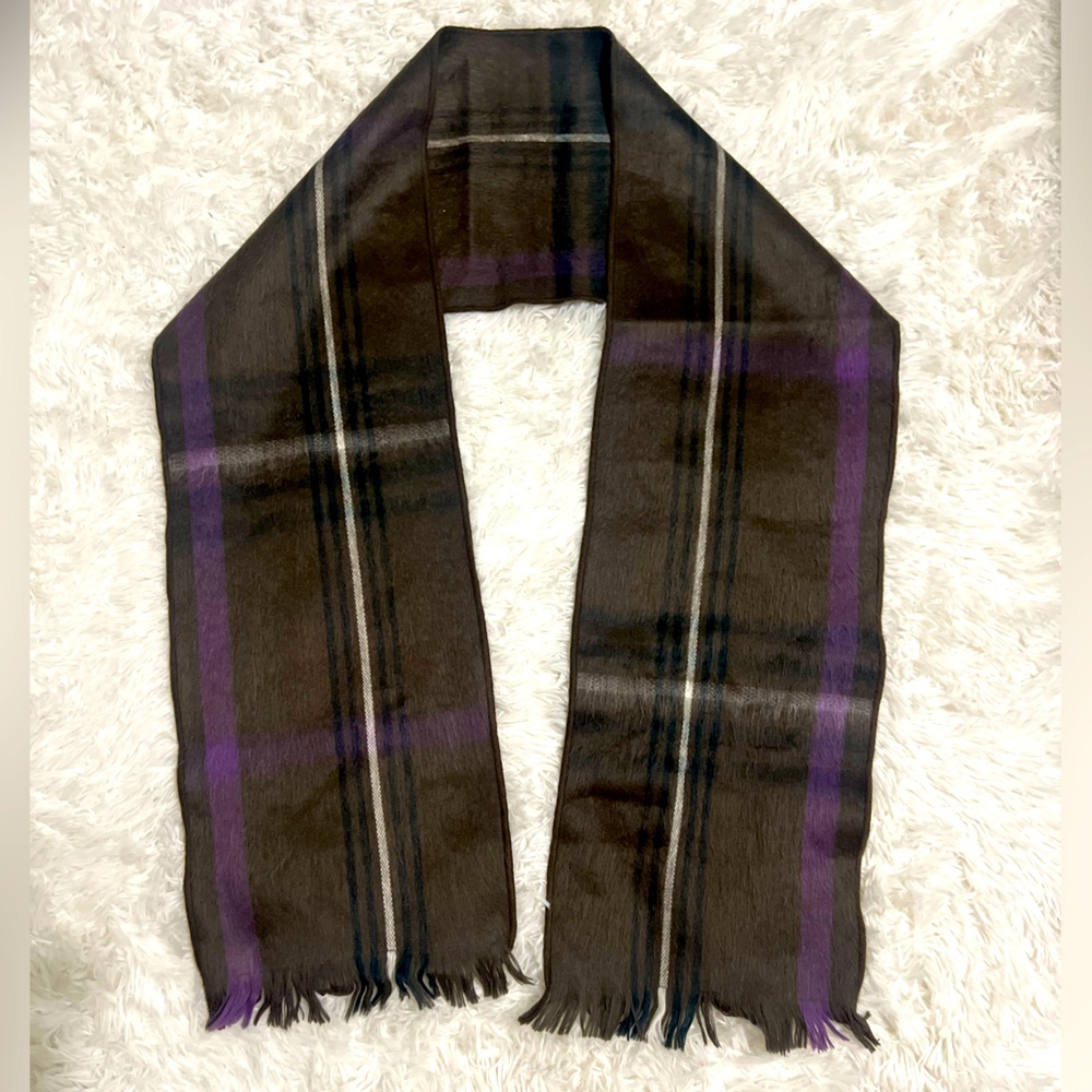 Shupaca Alpaca Scarf Brown Purple Plaid Fringe Handmade Ecuador Soft Winter Wrap